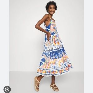 $235 Wild Brazil midi dress XS 0 Farm Rio vacation blue